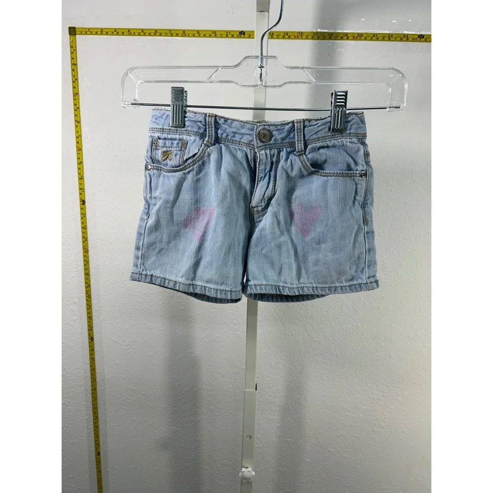 Gymboree Girls Light Wash Denim Heart Print Shorts Size 7 Pink Heart Blue Cotton